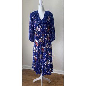 VTG Boho Diane Freis Originals Georgette Dress Geometric Royal & Black Bohemian